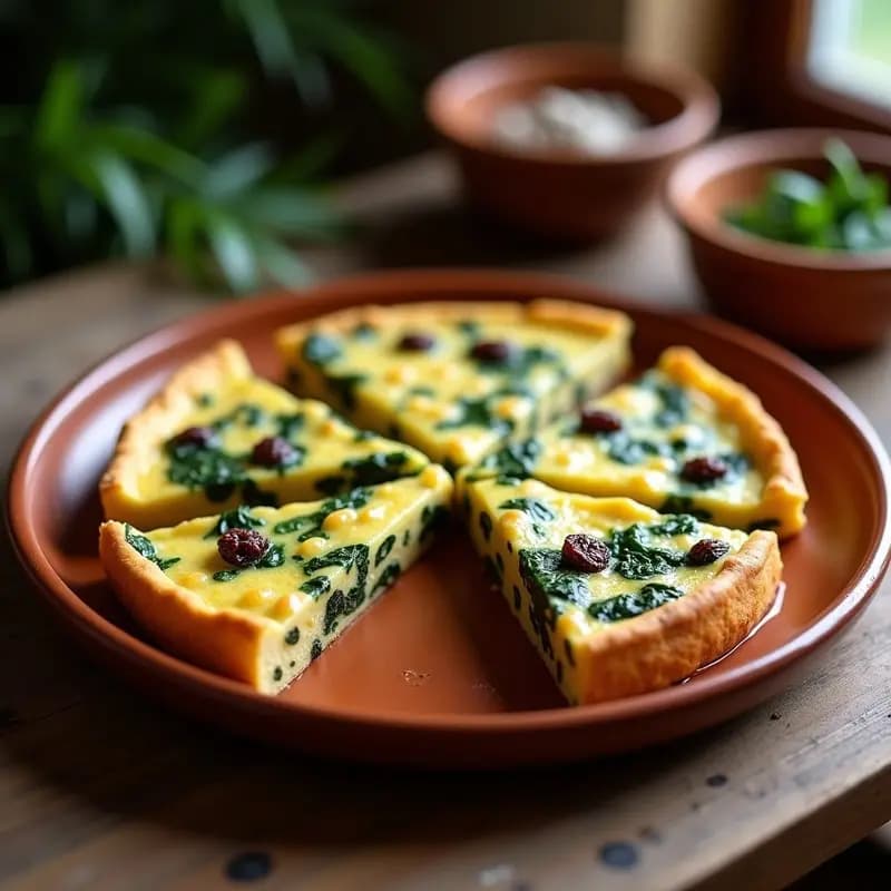 Tortilla dorada de acelgas y pasas cortada en porciones triangulares, con las pasas visibles en su interior, servida en plato de barro rústico sobre fondo de madera. Receta tradicional de aperitivo dulce-salado.