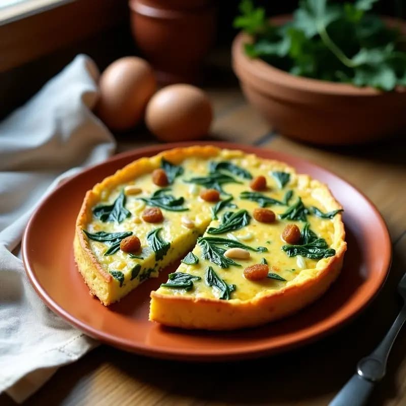 Tortilla dorada de acelgas y pasas servida en plato blanco rústico, con trozos de acelga verde y pasas visibles, típica receta de Cuaresma tradicional y sin lactosa.