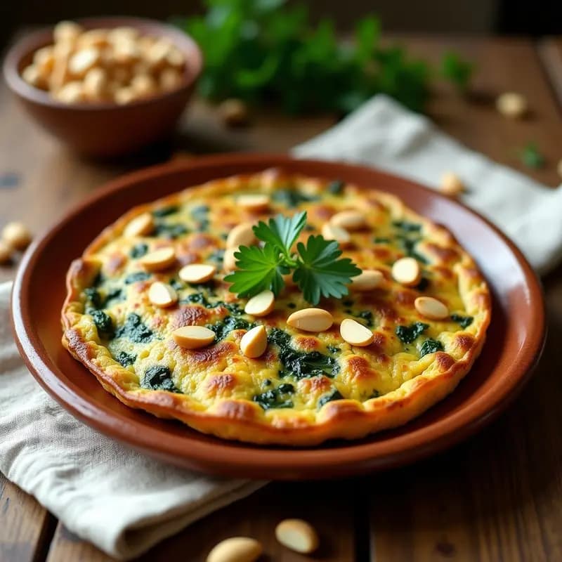 Tortilla dorada de acelgas y piñones servida en plato de barro rústico, con piñones tostados y perejil fresco por encima, receta tradicional murciana de Cuaresma.