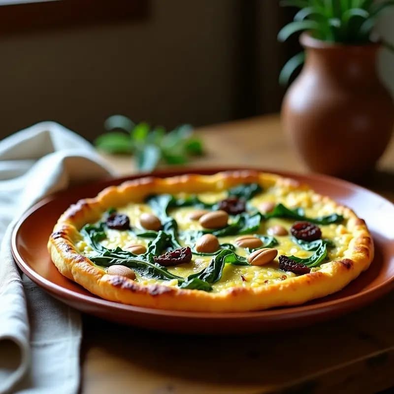 Tortilla dorada de acelgas con piñones y pasas, receta tradicional de CINTA de Navarra, servida en plato rústico de barro con fondo de madera.