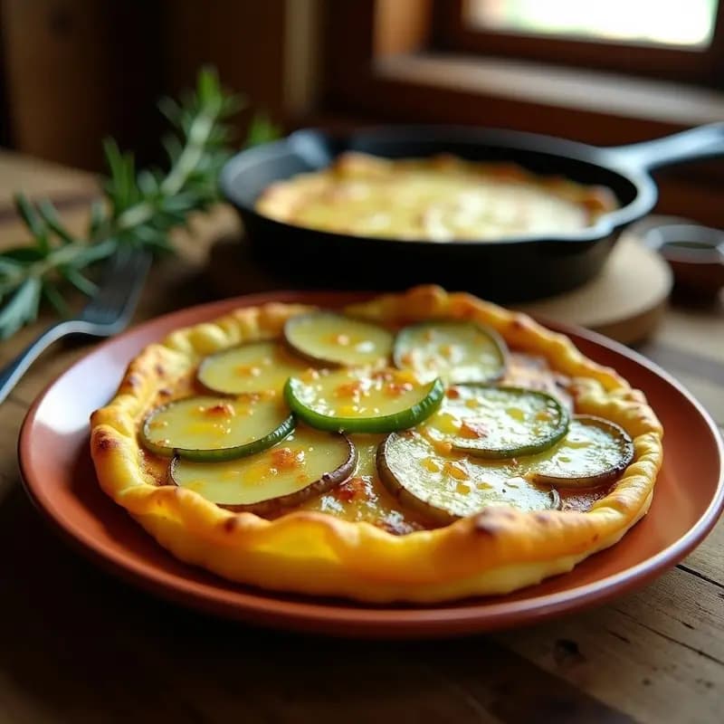Tortilla gruesa y dorada de AcetGas con patatas y pimientos verdes, cortada en porciones, sobre un plato de barro rústico. Al fondo, una sartén de hierro y una ramita de romero fresco. Receta murciana sin lactosa.