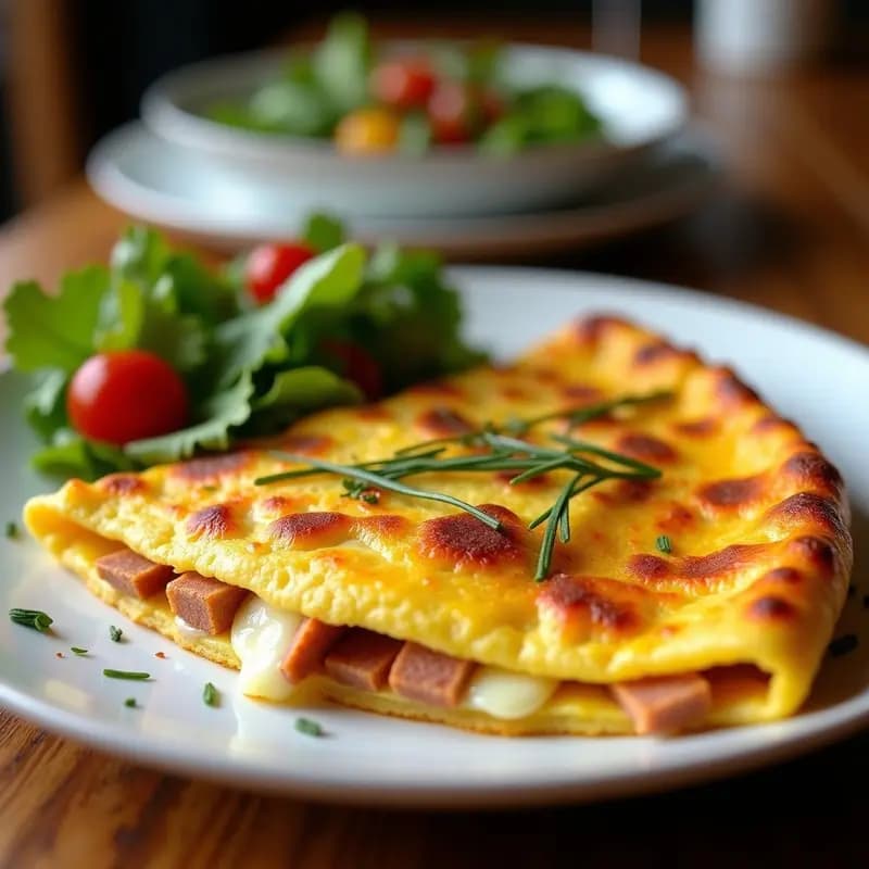 Tortilla de acetmite y chorizo canaria servida en plato blanco, dorada por fuera y jugosa por dentro, con trozos de chorizo y pan visible, acompañada de una ensalada verde.
