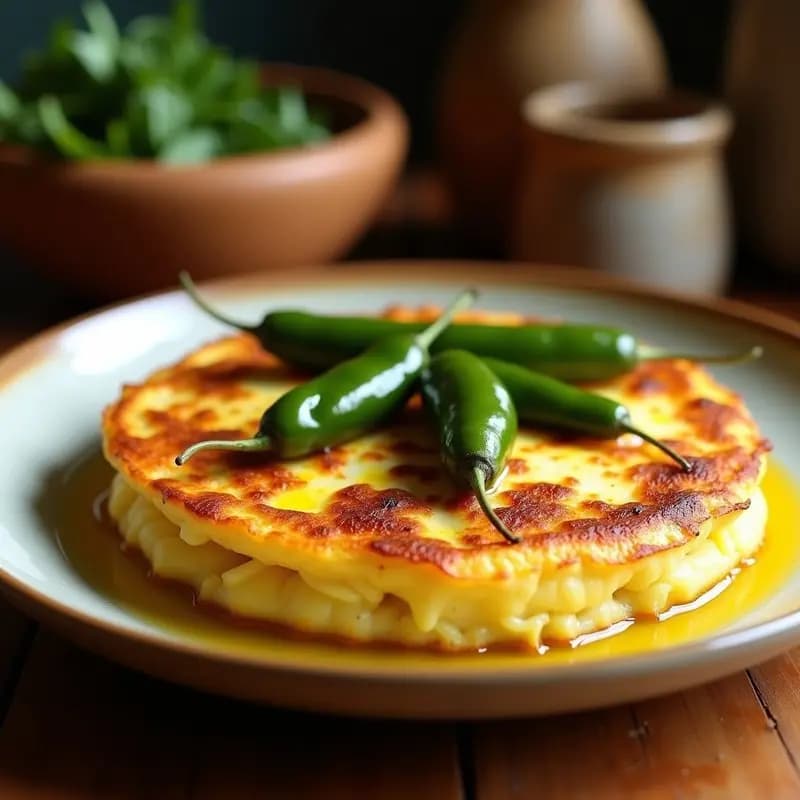 Tortilla dorada y jugosa de acetofen con trozos de patata y pimientos del padrón, servida en plato de barro con fondo rústico, receta vasca de aprovechamiento.