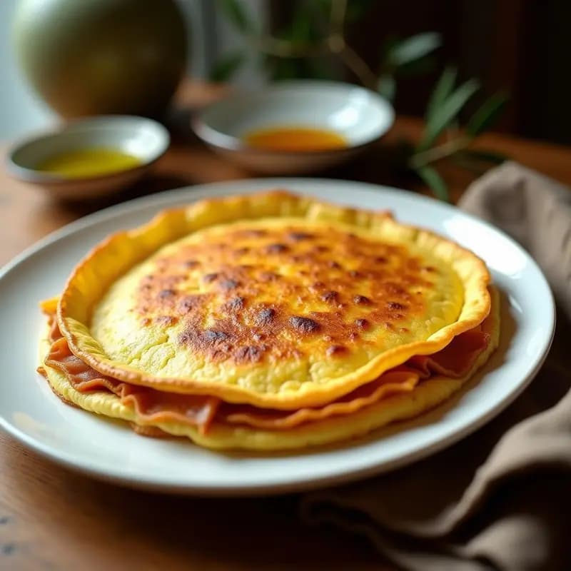 Tortilla de acordión con cebolla caramelizada servida en plato blanco, con capas doradas y bien definidas, típica receta de feria sevillana.
