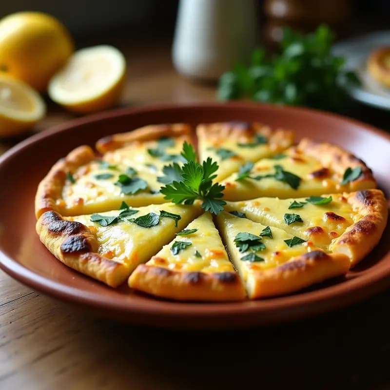 Tortilla dorada y esponjosa de ajetes tiernos y bacalao desalado, cortada en porciones, con un toque de perejil fresco y rodajas de limón al lado. Plato típico vasco servido en fuente de barro rústica, ideal para cena saludable y alta en proteína.