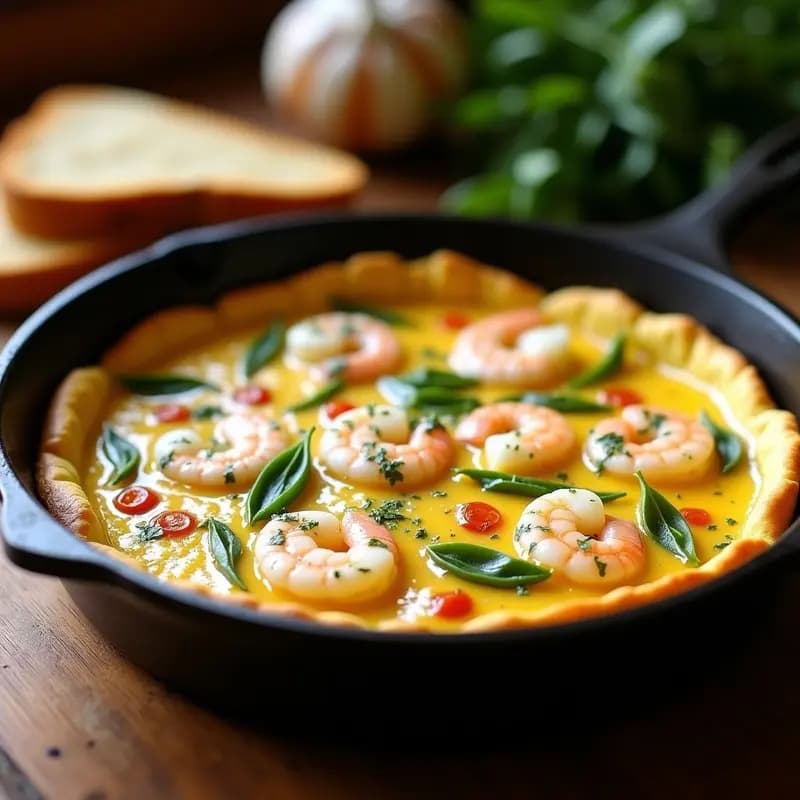 Tortilla dorada y esponjosa de ajetes tiernos y gambas blancas servida en plato de barro, con perejil fresco picado por encima. Receta vasca tradicional rápida y jugosa.