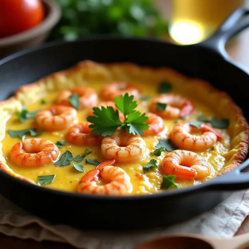 Tortilla de ajetes y gambas rojas en sartén antiadherente, dorada por fuera y jugosa por dentro, con trozos de ajetes tiernos y gambas rojas visibles, decorada con perejil fresco. Receta tradicional de la Costa Brava.