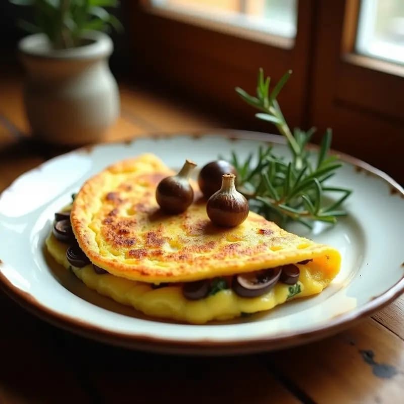 Tortilla dorada y esponjosa de ajetes y setas servida en plato rústico, con trozos de ajetes tiernos y setas salteadas visibles, acompañada de una rama de romero fresco. Receta de primavera con toques salvajes y aromáticos.