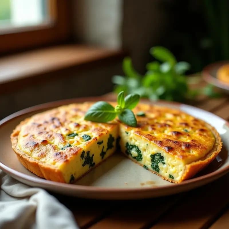 Tortilla dorada de alcachofas y grelos servida en plato de barro, con trozos visibles de verduras y un corte en cuña para mostrar su textura jugosa, receta gallega tradicional.