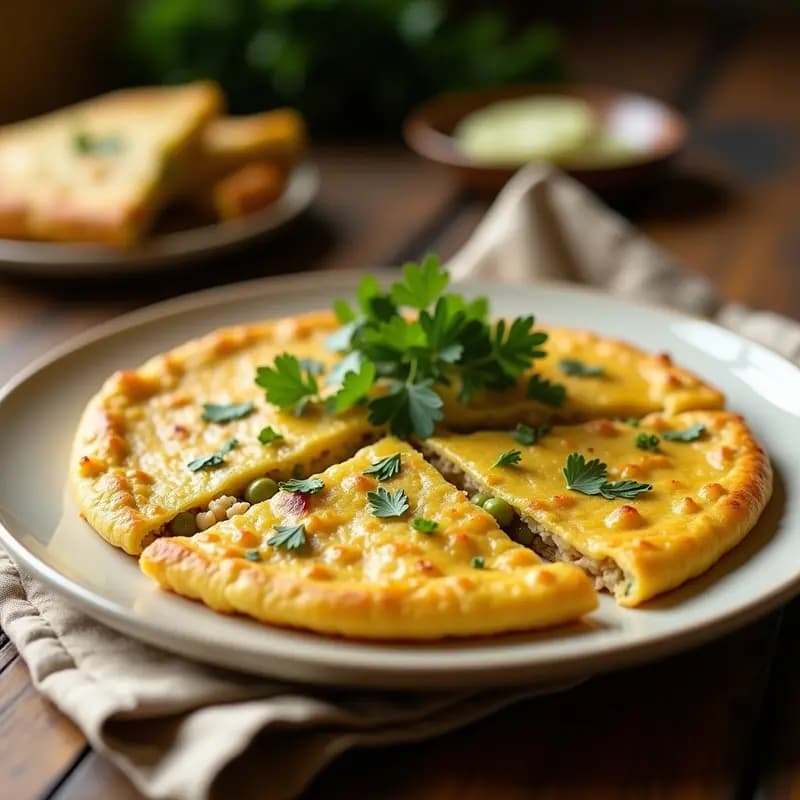Tortilla dorada y esponjosa de atún y pimiento verde cortada en porciones, servida en un plato blanco rústico con perejil fresco espolvoreado. Ideal para tupper, sin lácteos y con ingredientes tradicionales.