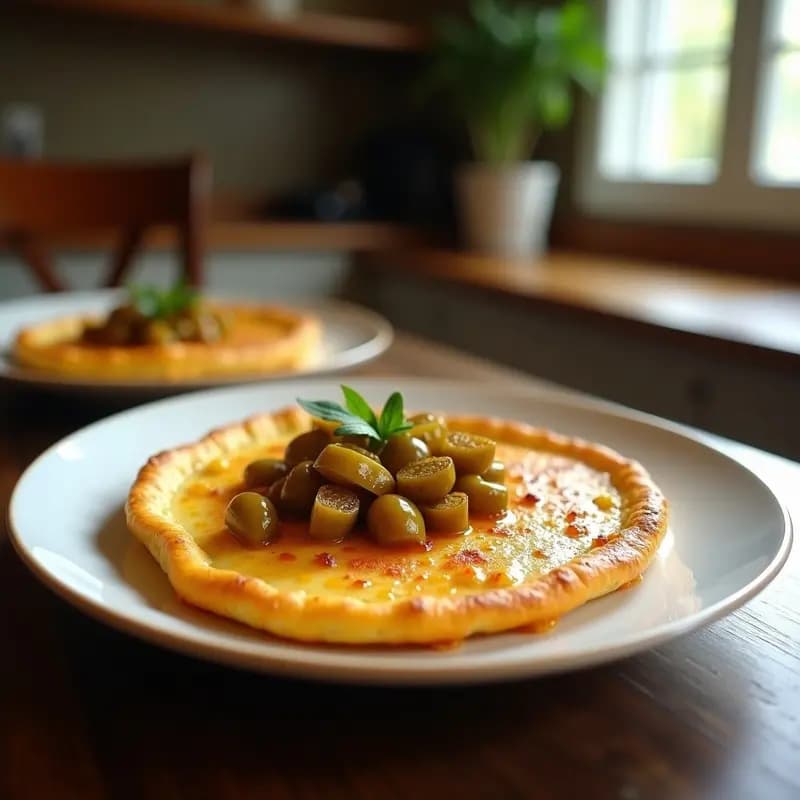 Tortilla dorada y esponjosa de atún y pimientos del Padrón servida en plato blanco, con los pimientos verdes visibles en la superficie y un trozo cortado para mostrar su interior jugoso.