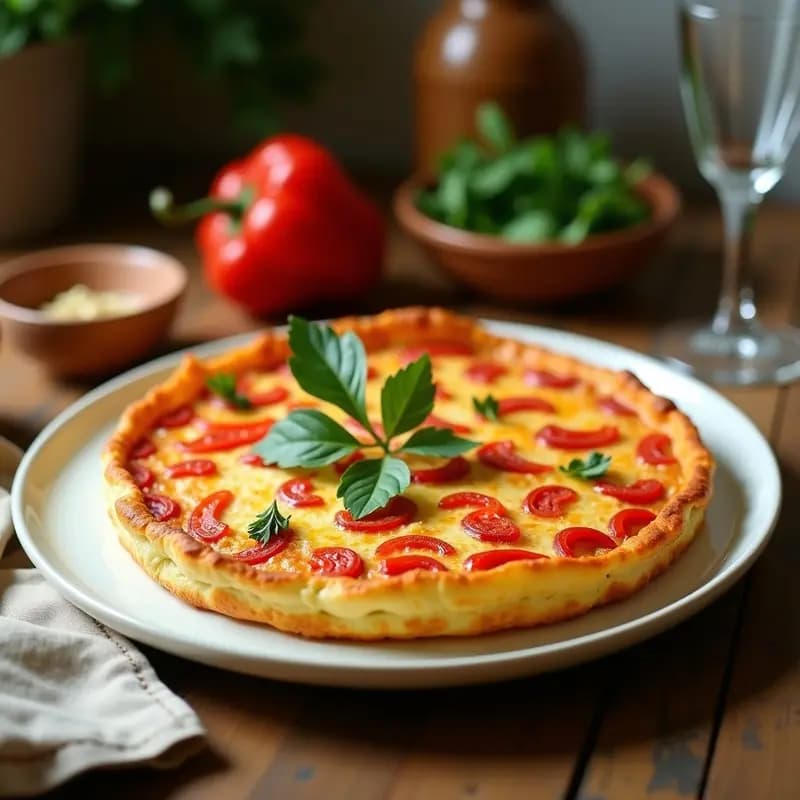 Tortilla dorada y esponjosa de atún y pimientos del piquillo servida en plato blanco rústico, con trozos de pimiento asomando y un toque de perejil fresco.