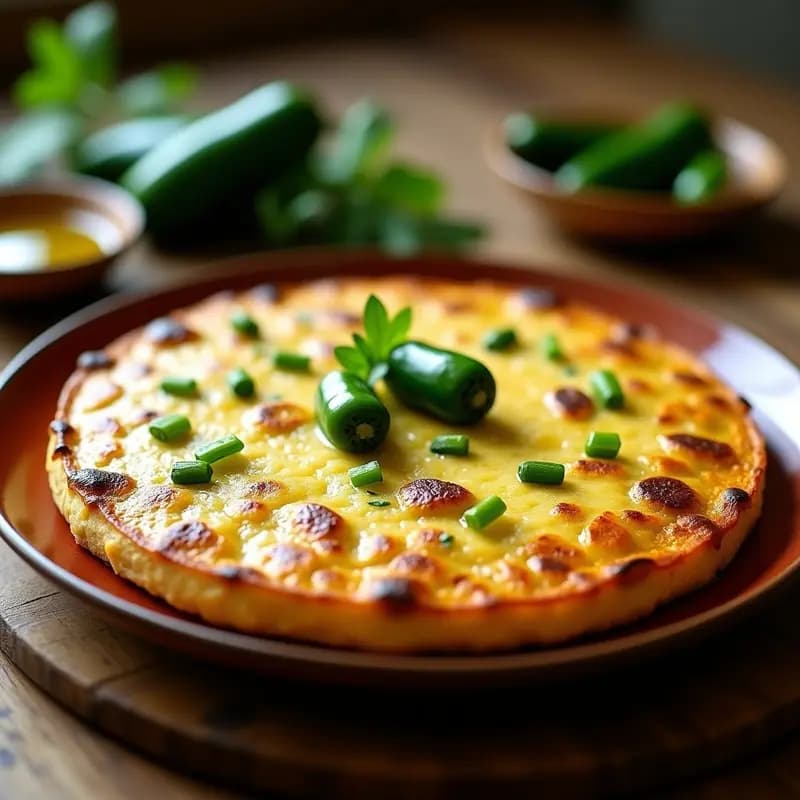 Tortilla dorada y esponjosa de bacalao desmenuzado y pimientos del Padrón, servida en plato rústico de barro con un toque de perejil fresco. Receta vasca fácil y sabrosa.