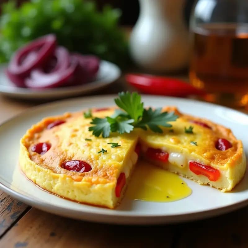 Tortilla de bacalao y pimientos vasca con toque dulce y salado, dorada por fuera y jugosa por dentro, servida en plato blanco con perejil fresco y un hilo de aceite de oliva virgen extra.