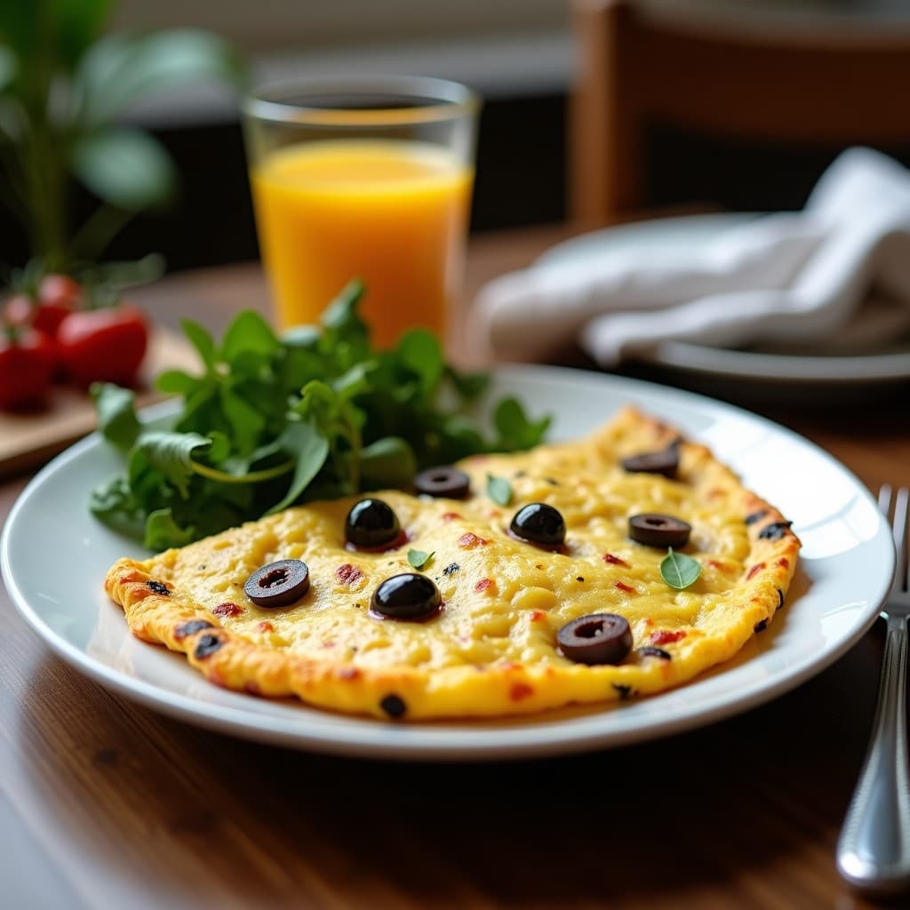 Tortilla dorada de batata y aceitunas Kalamata en sartén antiadherente, con trozos visibles de cebolla morada y perejil fresco espolvoreado, servida sobre un plato de barro rústico con fondo de madera oscura.