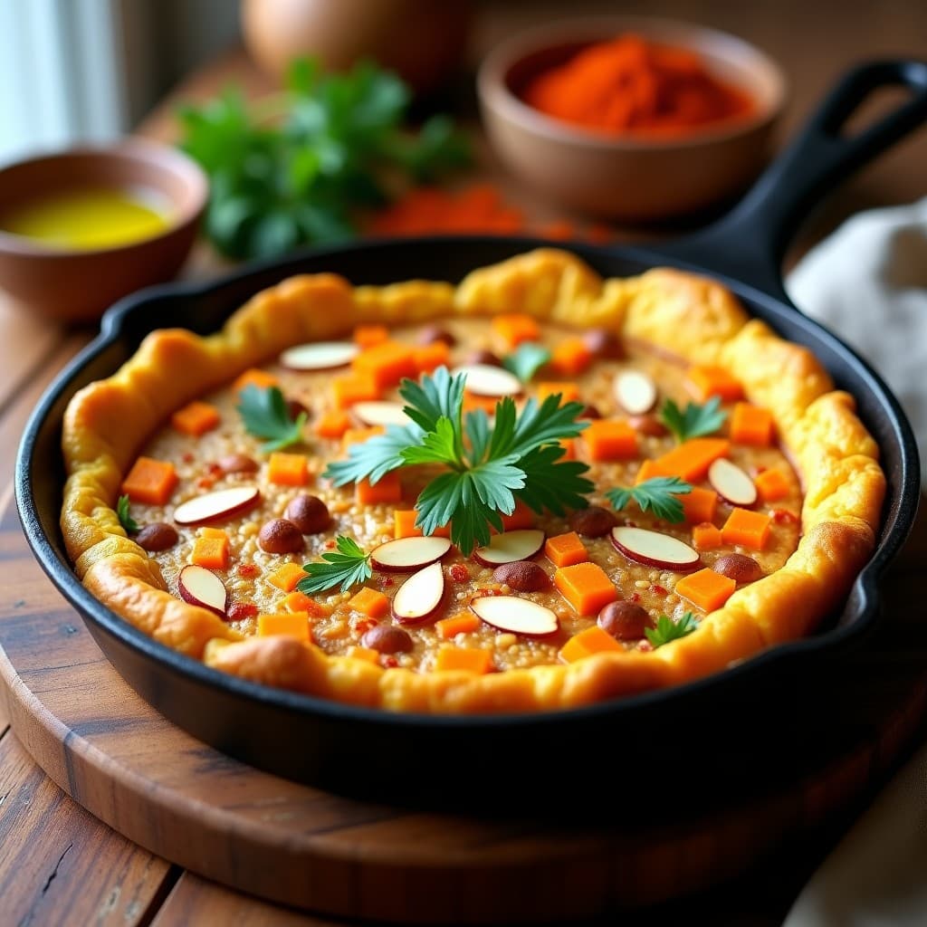 Tortilla dorada y esponjosa de batata y calabaza con especias marroquíes, decorada con almendras fileteadas y perejil fresco, servida en plato rústico de barro sobre fondo de madera oscura.
