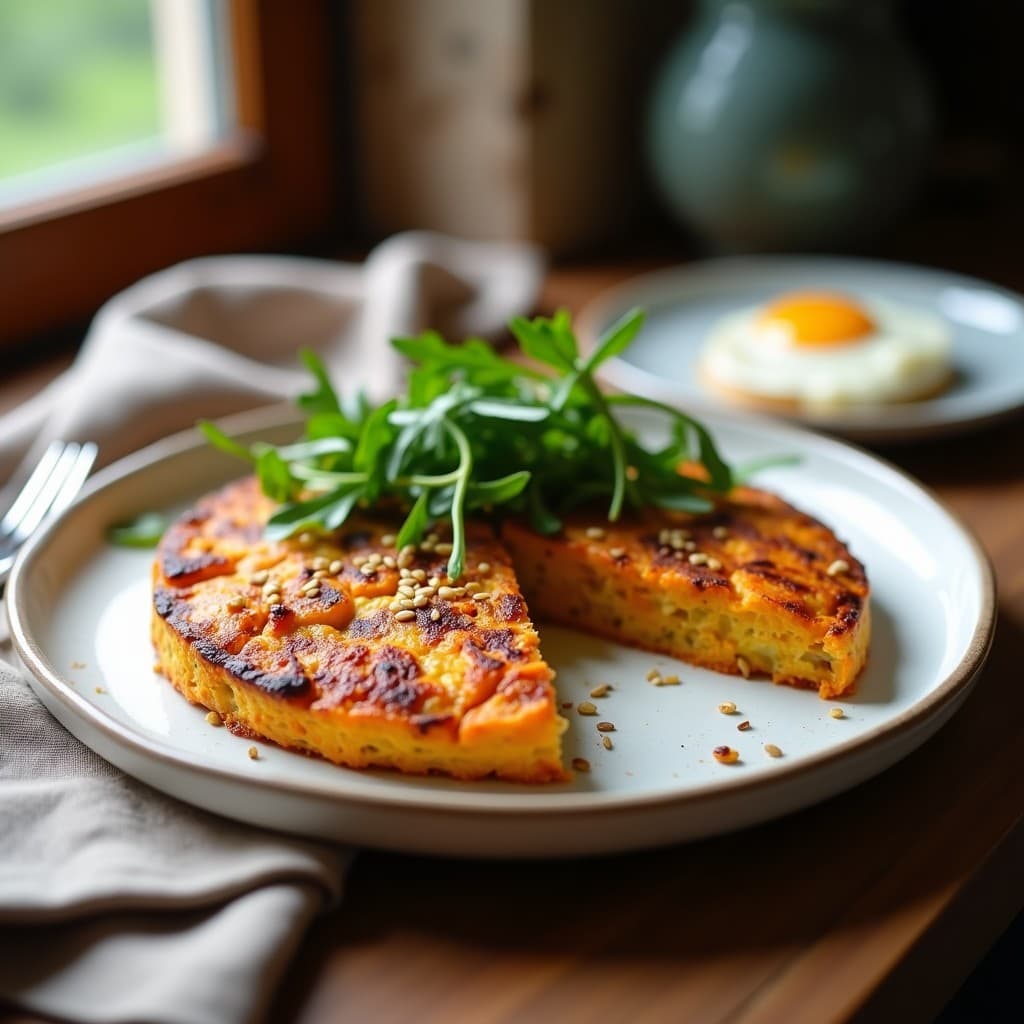 Tortilla dorada de batata y cebolla caramelizada con hojas de rúcula fresca en un plato blanco rústico, acompañada de semillas de sésamo tostadas. Receta vegana y sin gluten para desayunar.