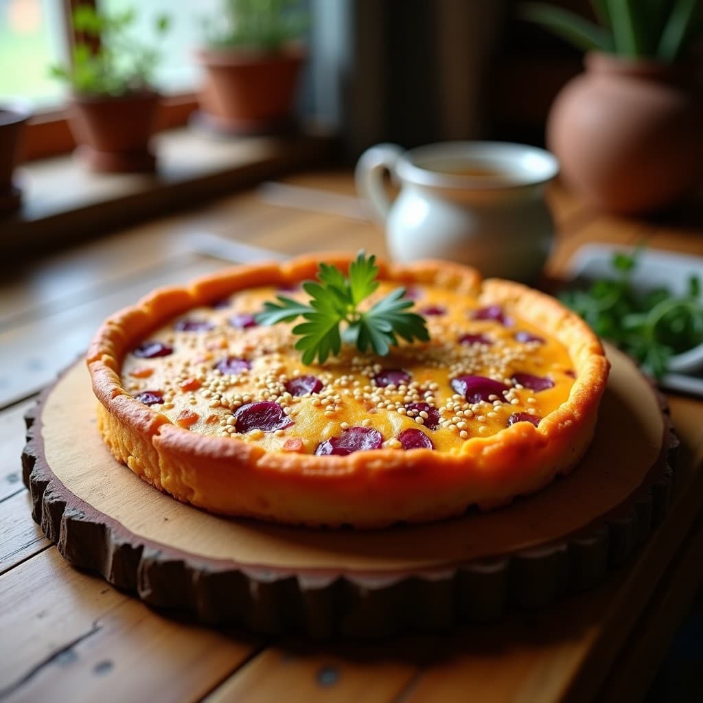 Tortilla vegana de batata y cebolla morada al horno, dorada y esponjosa, con semillas de sésamo negro y perejil fresco, cortada en porciones sobre un plato de madera rústico.