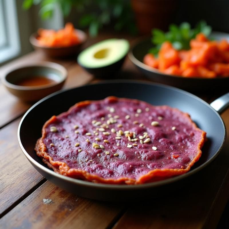 Tortilla de batata morada y kimchi vegana dorada en sartén, con semillas de sésamo espolvoreadas, servida con rodajas de aguacate y un toque de salsa de soja, desayuno coreano probiótico y colorido.