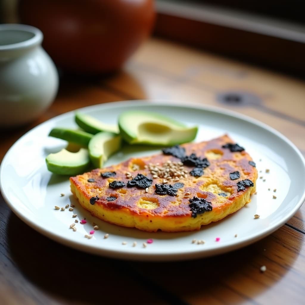 Tortilla dorada de batata morada y algas nori servida en plato de cerámica blanca, con semillas de sésamo espolvoreadas y láminas de aguacate al lado. Desayuno vegano alto en yodo con colores vibrantes morados y verdes.