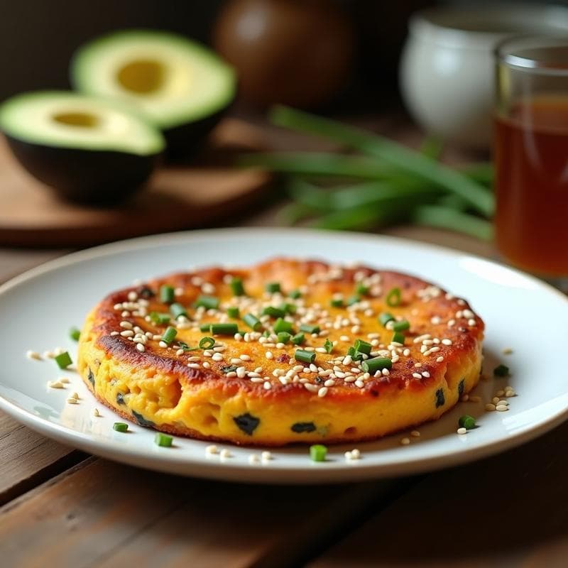 Tortilla vegana de batata yebra y puerros dorada, esponjosa y con semillas de sésamo, servida en plato blanco sobre fondo de madera rústica, acompañada de rodajas de aguacate y cebollino fresco.
