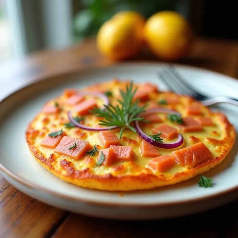Tortilla dorada y esponjosa de batata y salmón ahumado en sartén antiadherente, con trozos de cebolla morada y eneldo fresco, servida en plato blanco rústico para desayuno keto.