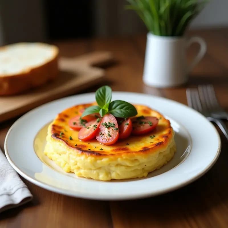 Tortilla dorada y esponjosa de bebida vegetal de avena con espárragos trigueros salteados, servida en plato blanco con hierbas frescas, desayuno francés vegano.