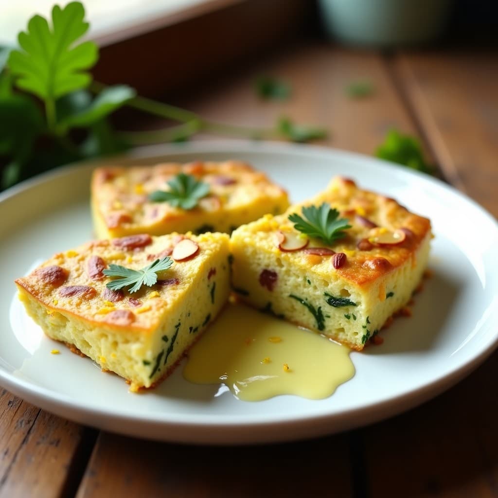 Tortilla dorada y esponjosa de calabacín y almendras laminadas, cortada en porciones cuadradas, servida sobre un plato blanco con vinagreta de limón brillante y decorada con perejil fresco y zesta de limón.
