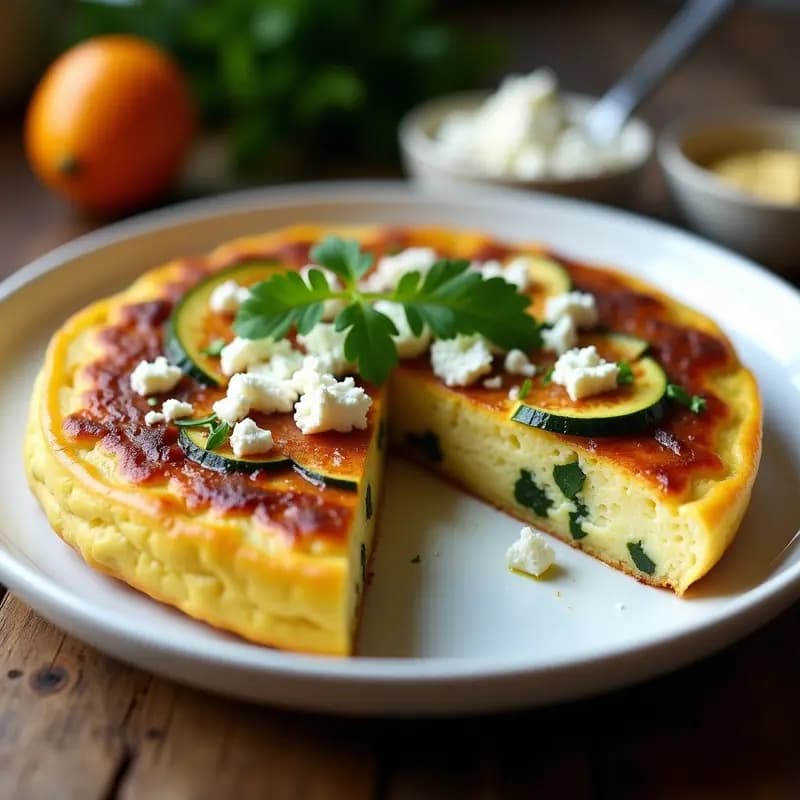 Tortilla dorada y esponjosa de calabacín y cebolla caramelizada sin horno, servida en plato blanco con perejil fresco espolvoreado.