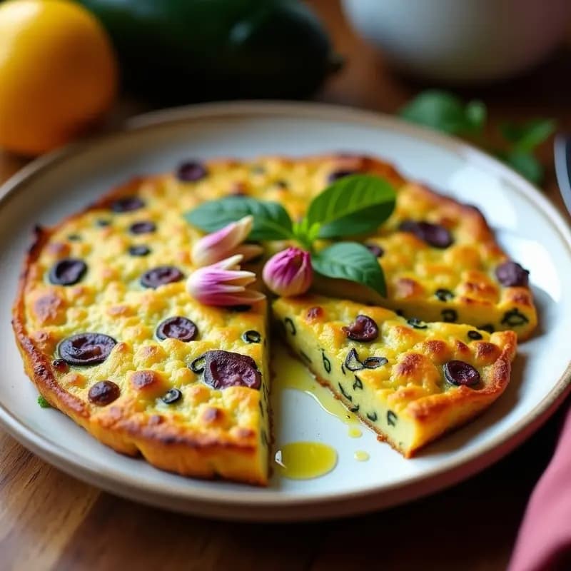 Tortilla dorada y esponjosa de calabacín y flores de calabaza servida en plato blanco rústico, con pétalos de flores de calabaza como decoración y un hilo de aceite de oliva, receta mexicana en Airfryer.