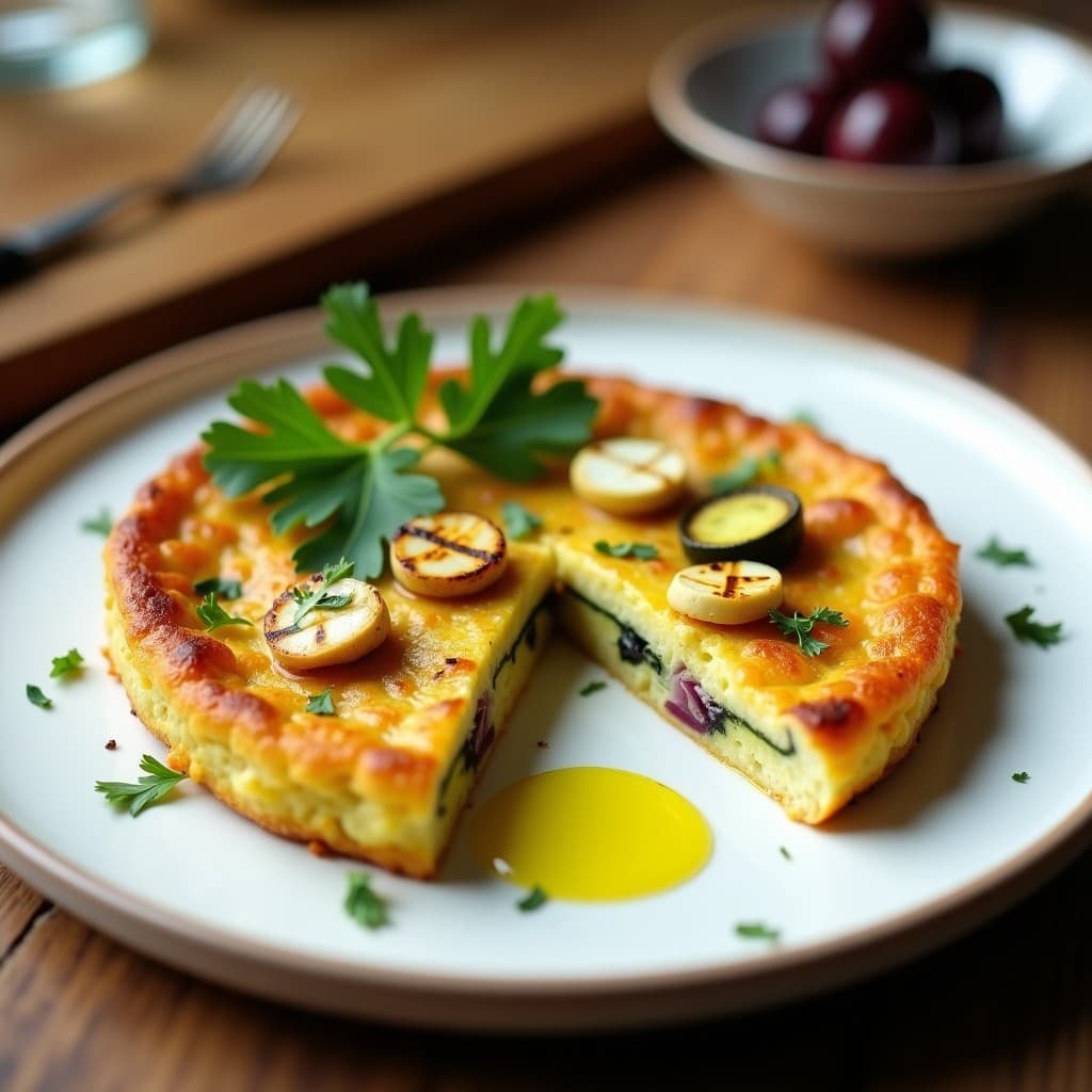 Tortilla dorada y esponjosa de calabacín y queso halloumi, con trozos de halloumi crujiente asomando entre las rodajas de calabacín, servida en un plato blanco rústico con perejil fresco espolvoreado y un fondo de cocina griega tradicional.