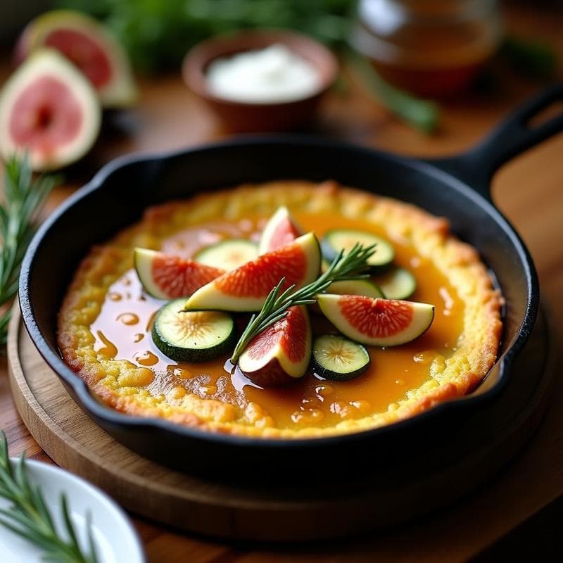 Tortilla dorada en sartén con trozos de calabacín y higos frescos cortados en cuartos, acompañada de una vinagreta brillante de miel y mostaza. Plato rústico con hojas de romero fresco como decoración.