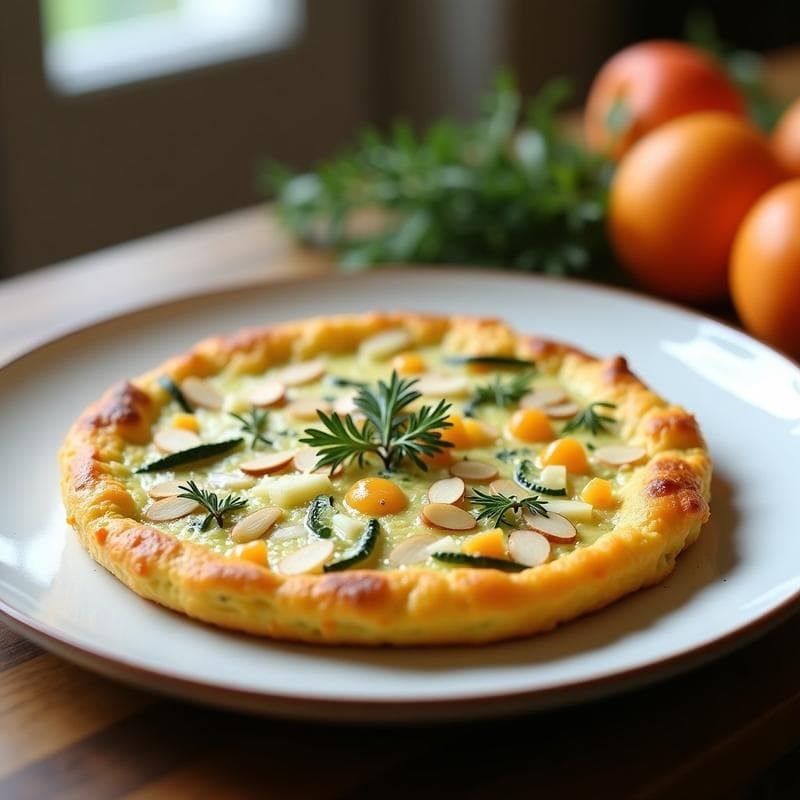 Tortilla dorada y esponjosa de calabacín con trozos de queso de albaricoque y hierbas provenzales, decorada con almendras fileteadas, servida en plato blanco rústico con fondo de madera.