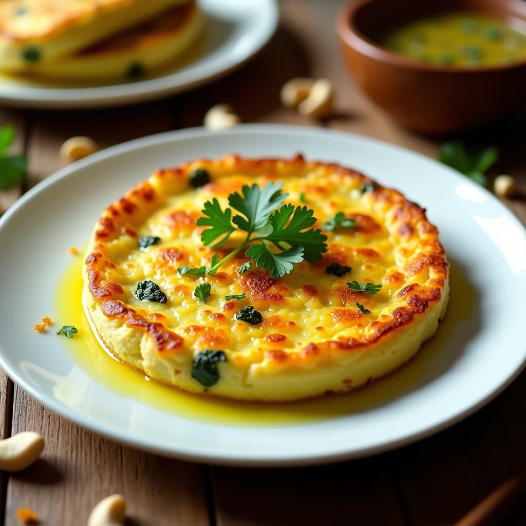 Tortilla vegana dorada de calabacín y queso de anacardos con flos de azafrán, servida en plato blanco con perejil fresco y un toque de aceite de oliva.