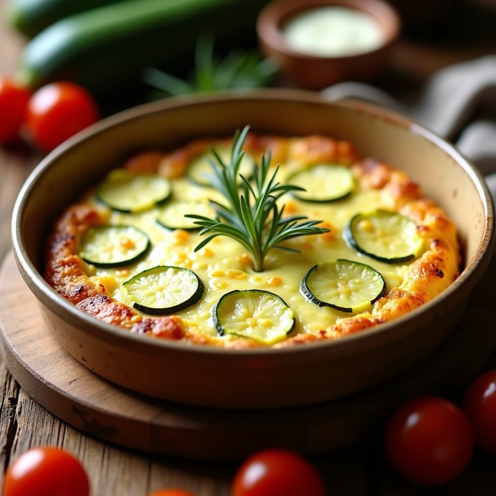 Tortilla de calabacín y queso de cabra al horno servida en molde redondo, dorada y esponjosa, con rodajas de calabacín visibles y un toque de hierbas provenzales.