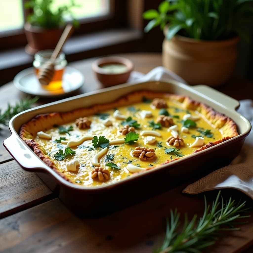 Tortilla española dorada de calabacín y queso de cabra con hilos de miel de romero, cortada en porciones cuadradas sobre un plato blanco rústico, ideal para llevar en tupper.