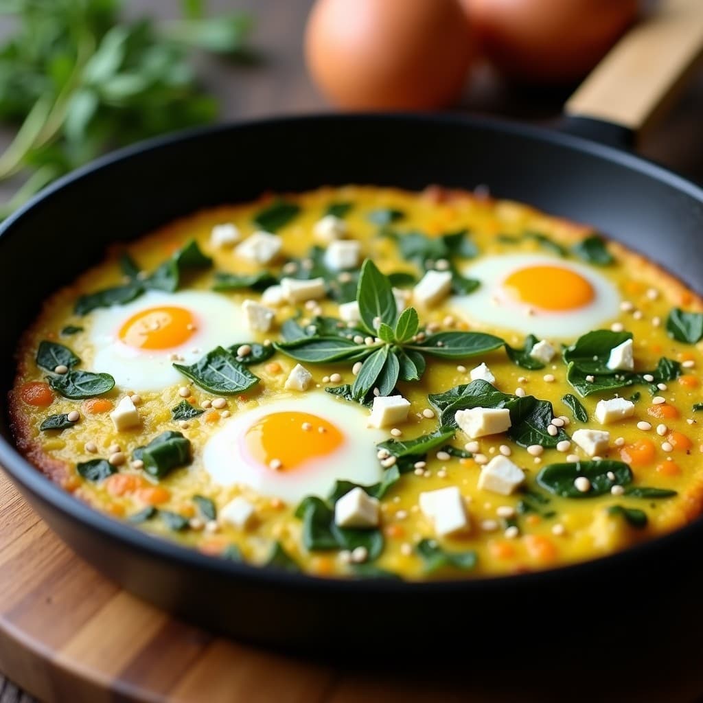 Tortilla dorada de calabacín y queso feta con hojas de ortiga, servida en plato blanco rústico con semillas de sésamo espolvoreadas, desayuno griego saludable.