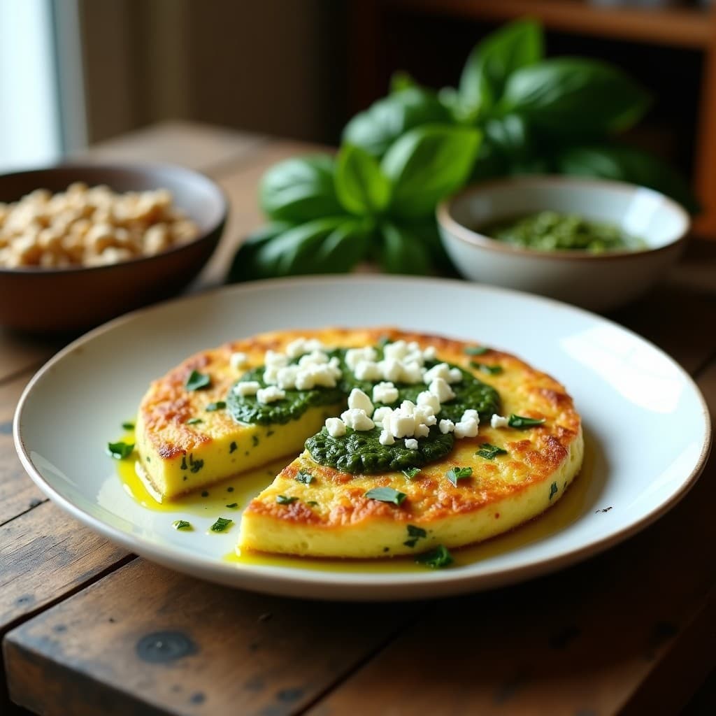 Tortilla dorada y esponjosa de calabacín y queso feta con vetas de pesto verde de hinojo, servida en plato blanco sobre fondo rústico de madera. Receta keto rápida y saludable.