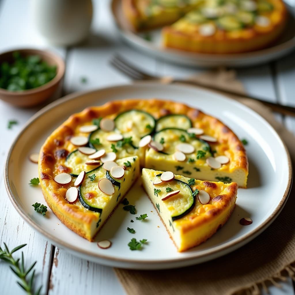 Tortilla dorada y esponjosa de calabacín y queso feta con hierbas provenzales, decorada con almendras fileteadas tostadas, servida en plato blanco rústico sobre fondo de madera clara.