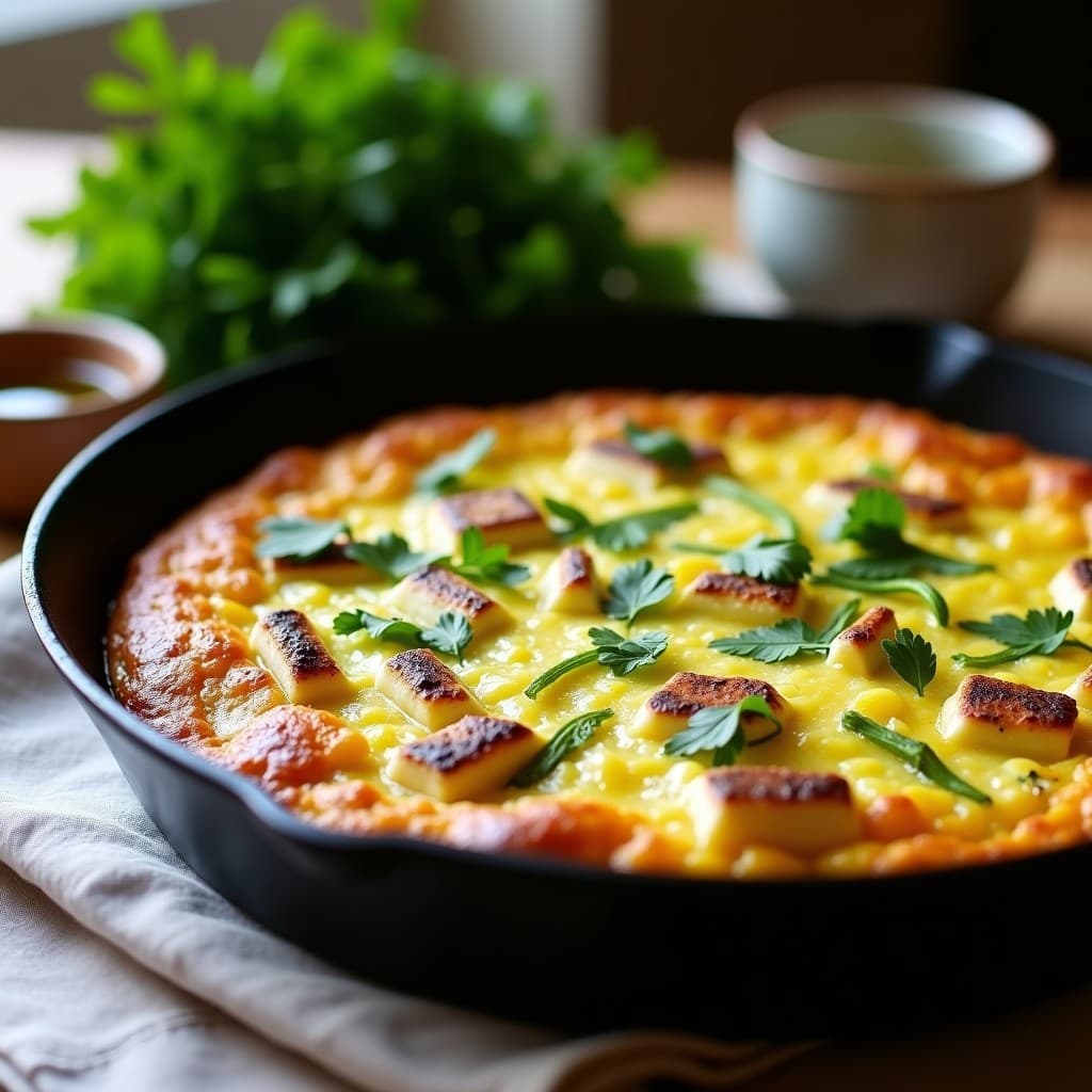 Tortilla dorada y esponjosa de calabacín y queso halloumi en sartén de hierro, con trozos de halloumi ligeramente crujientes y perejil fresco espolvoreado. Receta chipriota sin gluten lista para servir.