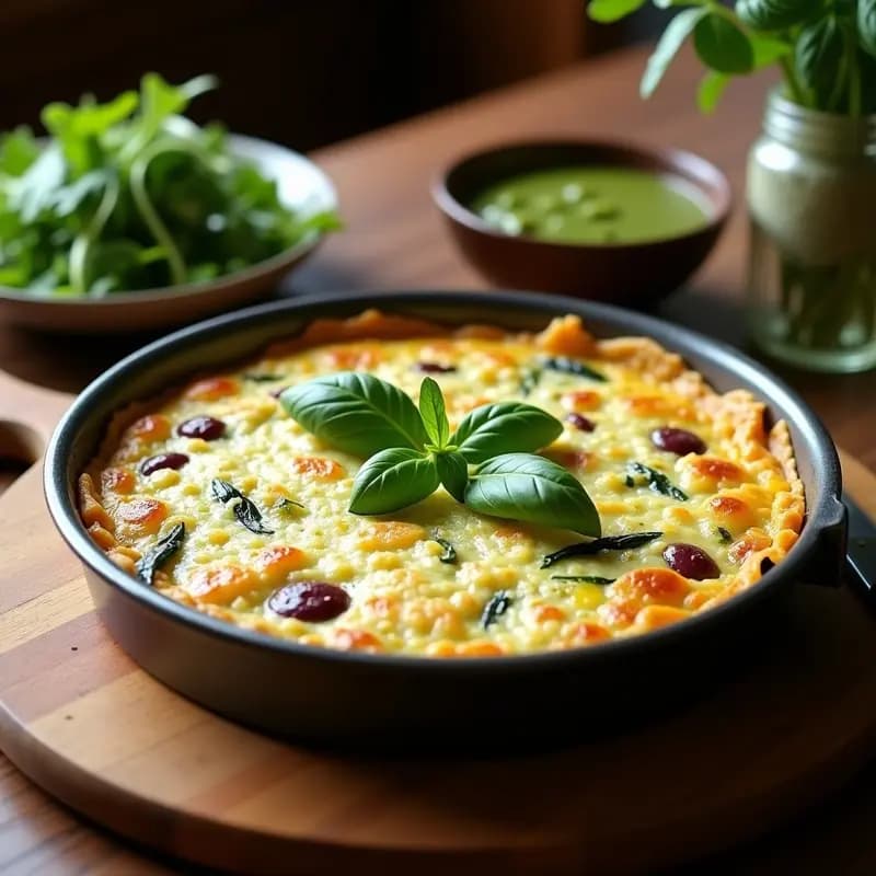 Tortilla de calabacín italiana dorada y esponjosa en molde redondo, con trozos visibles de calabacín y cebolla, decorada con hojas de albahaca fresca y virutas de parmesano.