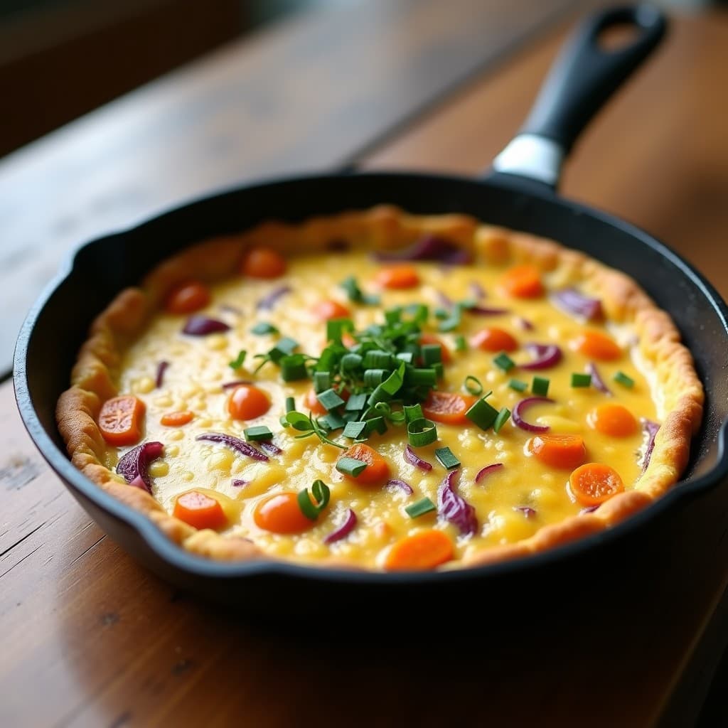 Tortilla dorada y esponjosa de calabaza kabocha y cebolla morada vegana en sartén antiadherente, decorada con perifollo fresco, receta sin gluten.