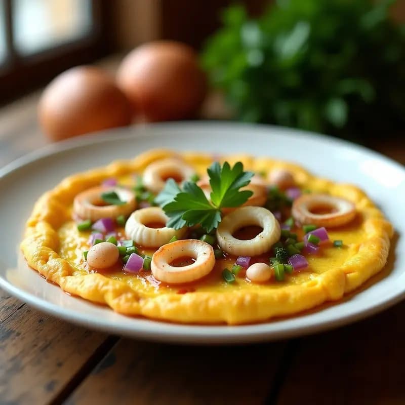 Tortilla dorada y jugosa con trozos de calamares ahumados, cebolla morada y pimiento verde, servida en un plato blanco con perejil fresco, receta para tupper.