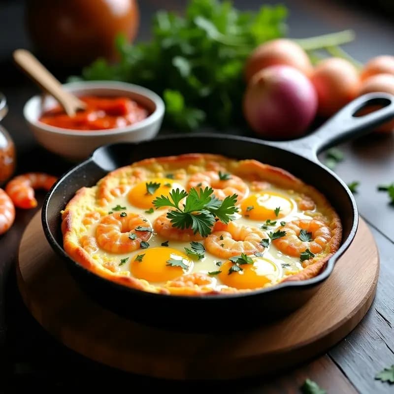 Tortilla de camarones dorada en sartén antiadherente, acompañada de mojo picón rojo en un cuenco pequeño y perejil fresco espolvoreado, receta canaria tradicional.