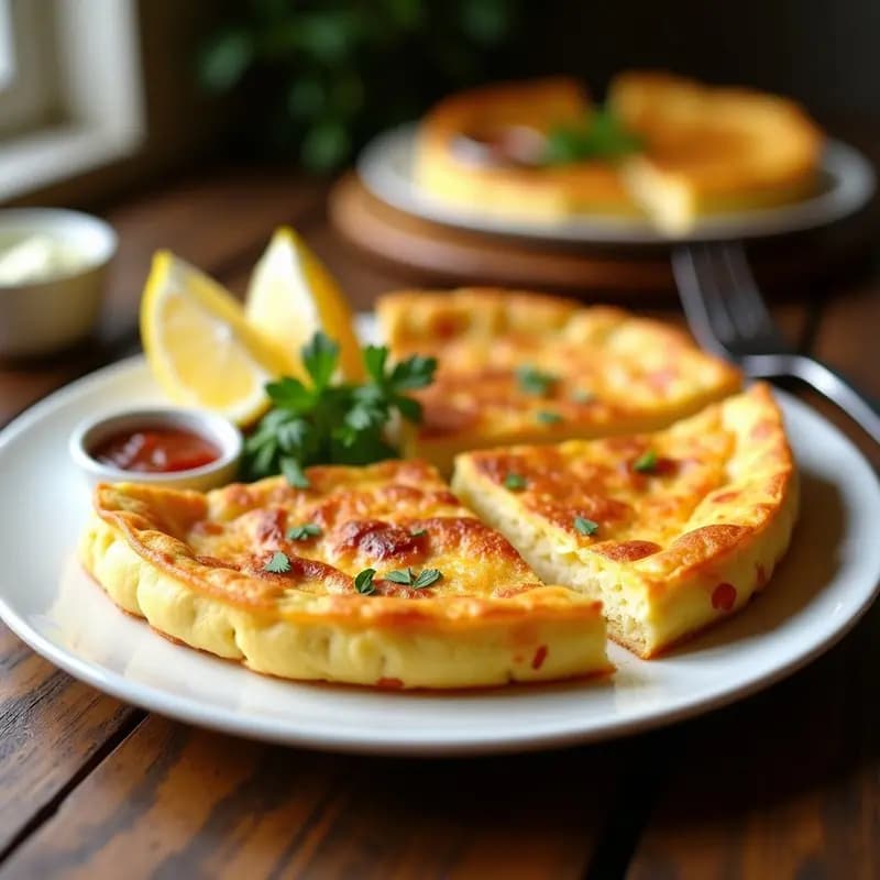 Tortilla dorada de camarón rallado con huevos, cortada en porciones y servida en plato blanco con perejil fresco y rodajas de limón al lado, receta costera tradicional.
