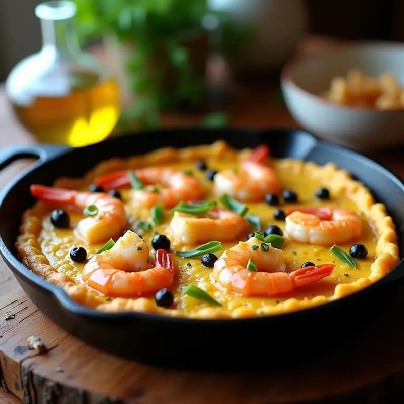 Tortilla dorada y jugosa de camarones al ajo negro servida en sartén de hierro, con cebollino fresco espolvoreado y un fondo rústico de madera.