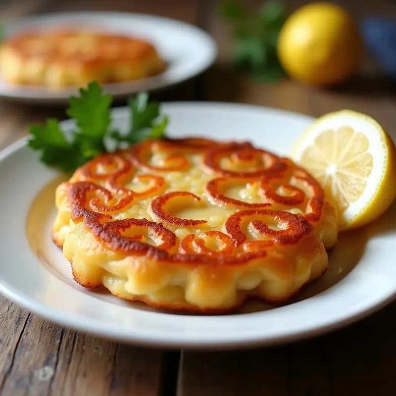 Tortilla de camarones dorada y crujiente en sartén antiadherente, acompañada de una ensalada fresca con pimientos y perejil, típica receta andaluza moderna.