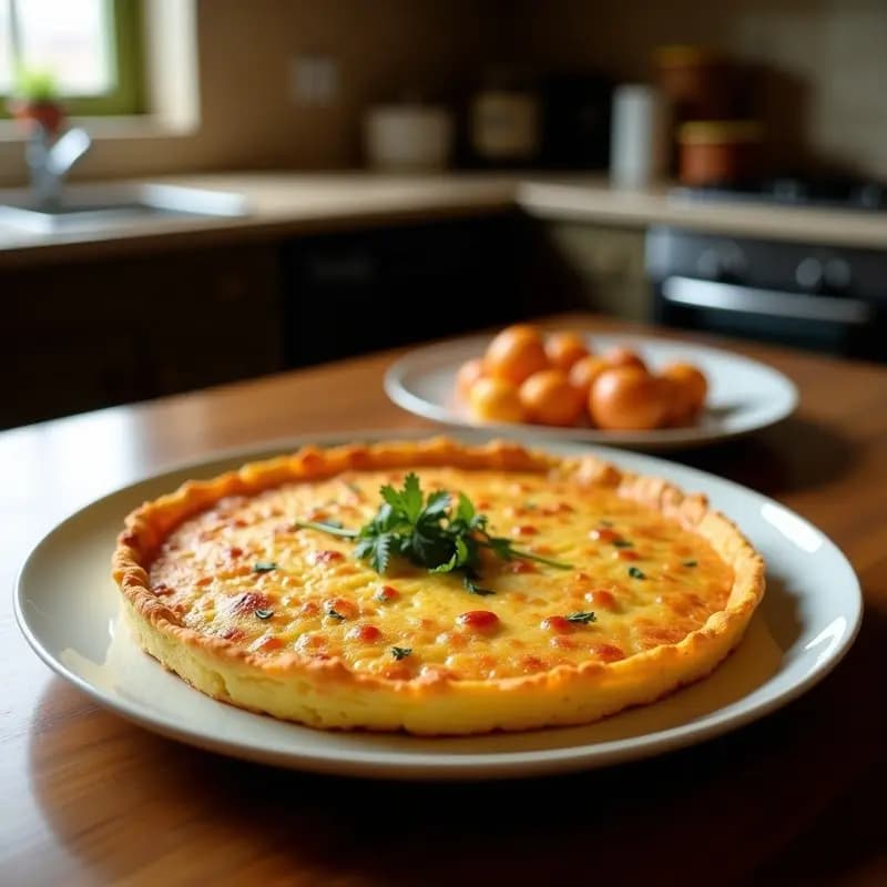 Tortilla de camarones dorada y crujiente servida en plato de barro, con trozos de camarón visibles y perejil fresco por encima, típica receta de aperitivo de Cádiz.