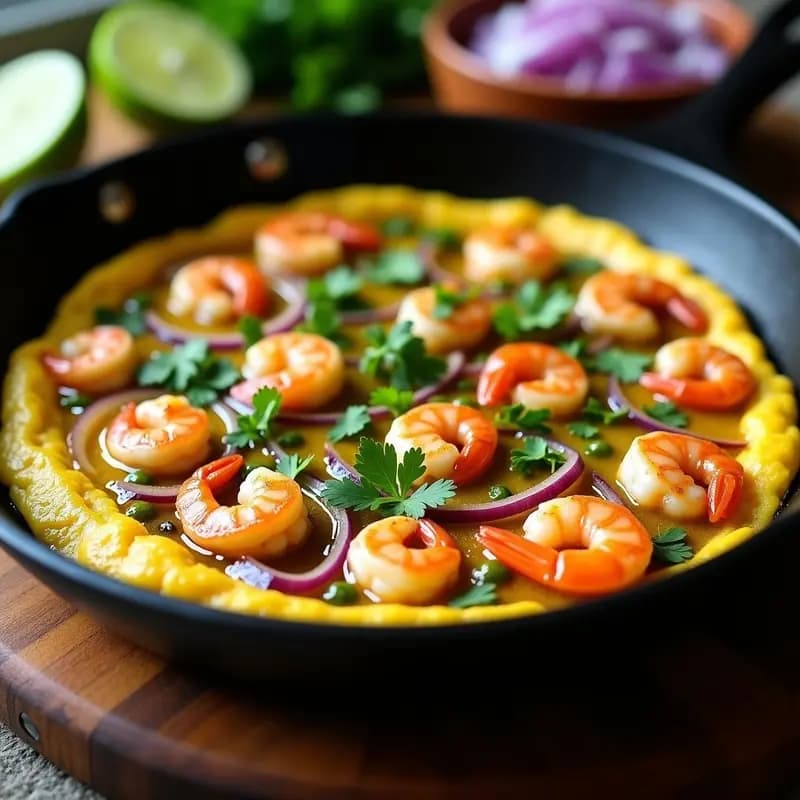 Tortilla dorada y esponjosa con camarones rosados, cebolla morada caramelizada y rodajas de ají verde, servida en sartén antiadherente con cilantro fresco espolvoreado, receta peruana de tortilla de camarones y cebolla morada con ají verde.