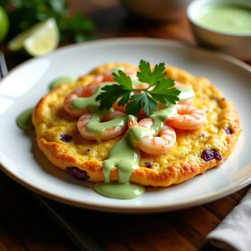 Tortilla dorada y esponjosa de camarones y cebolla morada caramelizada, servida en plato blanco con aderezo cremoso de lima verde y hojas de cilantro fresco, receta costeña colombiana tradicional.